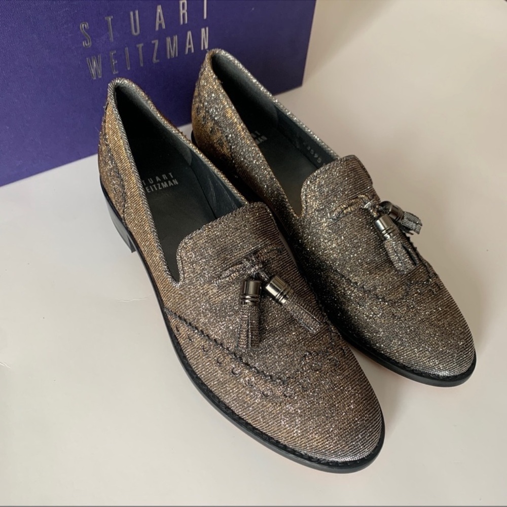 STUART WEITZMAN The Guy Thing Metallic Tassel Loafers In Pyrite Nocturn 6.5N - Picture 4 of 10